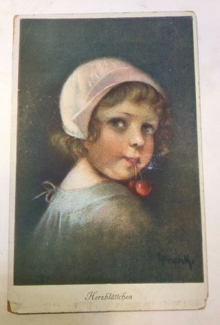 Vintage Postcard Artist E Frank,  Girl With Cherries " Herzblattchen 6684 Wssb