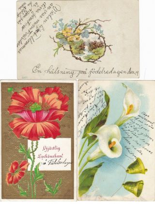 Swedish Greetings,  3 Vintage Postcards,  With Flowers,  1 Embossed,  2 W.  Stamps