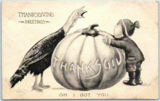 Vintage Artist - Signed Wall Thanksgiving Postcard Boy Chasing Turkey 1914 Cancel