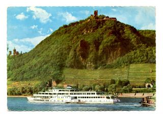 Dragon Rock Rhine Germany Postcard Drachenfels Am Rhein Boat Siebengebirge Vtg