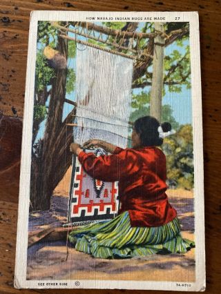 Vintage Native American Navajo Indian Rug Making Linen Postcard F2