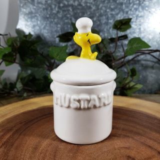Vintage 1972 Peanuts Chef Woodstock Ceramic Jam Mustard Jar Server W/ Spoon Ufs