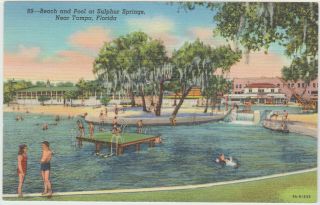 Tampa,  Fl Sulphur Springs Beach And Pool Vintage Postcard Linen Unposted Swim