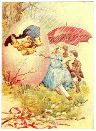 Vintage Russian Easter Postcard Chickens Egg Boy Girl Umbrella Willow