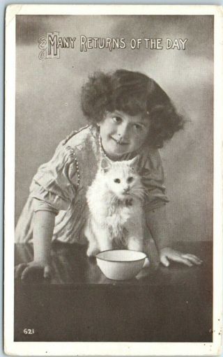 Vintage Happy Birthday Postcard Girl W/ White Kitten " Many Returns Of The Day "