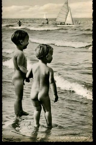 Vintage Circa 1930`s German Rppc Naked/nude Boys Swimming At Beach Agfa Postcard