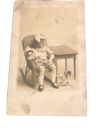 Vintage Rppc Little Girl W Doll And Dog - Shirley Temple Curls -