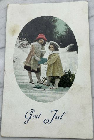 Vintage Swedish Postcard Christmas Colorized Photo 2 Girls God Jul