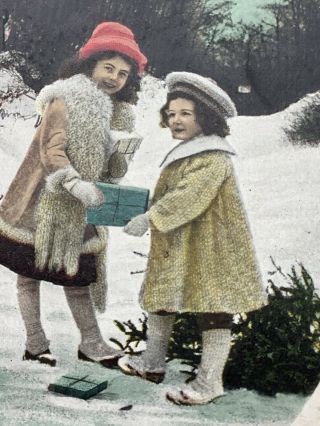 Vintage Swedish Postcard Christmas Colorized Photo 2 Girls God Jul 2