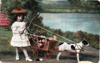 Cute Girl With Dog Pulling Cart With Flowers: K.  V.  I.  B.  Vintage Postcard