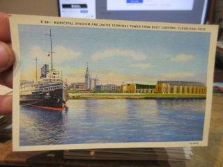 Vintage Old Ohio Postcard Cleveland Union Terminal Tower Detroit Cargo Ship Lake
