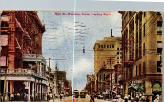 Main Street Looking North Houston Tx Trolley1910 Vintage Postcard Rr1