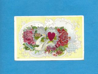 Dove,  Silk Heart,  Red Roses On Vintage Novelty Valentine Postcard