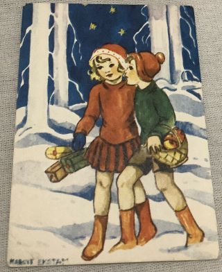 Vintage Swedish Mini Christmas Postcard Sweden Boy Girl Walk Woods Snow God Jul
