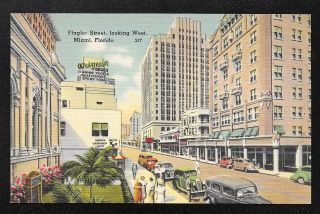 Vintage Flagler Street Looking West Miami Florida Linen Postcard Old Cars