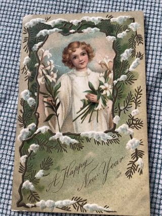 Vintage Year’s Postcard Angel Lilies 1908 Germany