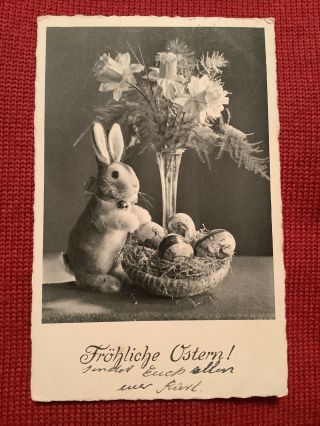 Vintage German Easter Postcard Bunny Rabbit Eggs Vase Of Flowers