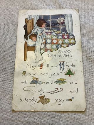Vintage Whitney Christmas Postcard Santa Claus Widow Puzzle Bed Children Quilt