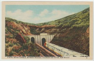 Raton,  Nm Postcard Santa Fe Railroad Train At Tunnel Vintage Linen Fred Harvey