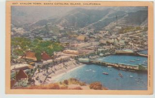 Santa Catalina Island Ca Avalon Town Vintage Linen Postcard Aerial View Beach