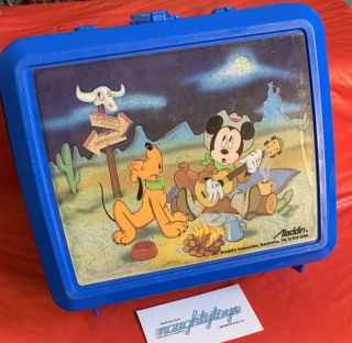 Vtg Mickey Mouse Pluto Aladdin Blue Plastic Lunch Box Disney Guitar Campfire 80s