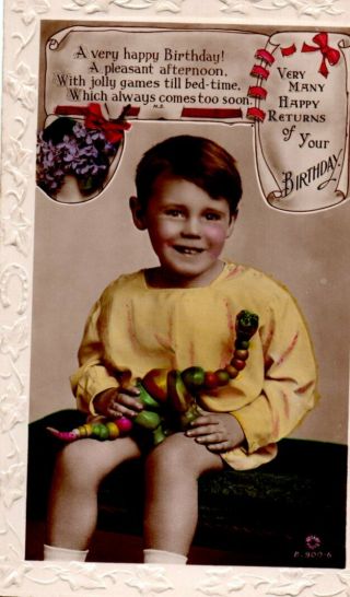 Vintage Birthday Greeting Postcard: Little Boy With Toy Dinosaur