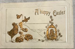 Vintage Easter Postcard Gold Foil Antique Phone Chicken Chick Germany 1918