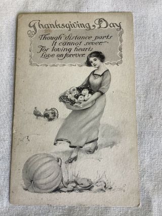Vintage Thanksgiving Day Postcard Woman Fruits Turkey Pumpkins Sketch Series 154