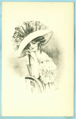 2nd Of 3 Vintage,  A Brunet Lady With A Big Hat With Feathers On Top.