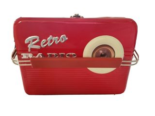 Retro Radio Lunch Box Tin Metal W Handle Clasp Collectible Red White Vtg Look