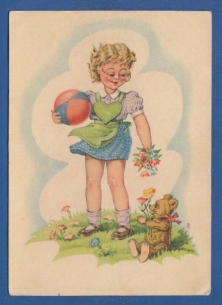 Girl Ball Flowers Teddy Bear,  Vintage Postcard Germany