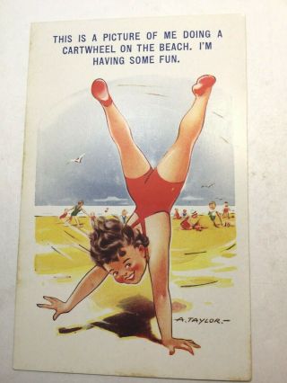 Vintage Comic Postcard,  Artist Signed Taylor,  " Vacation Comic " Swim Suit Girl,