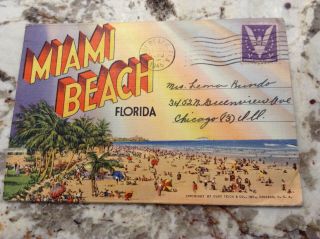 Vintage Miami Beach Postcard Folder W/3 Cent Win The War Stamp 1945