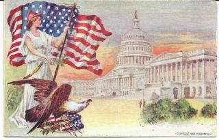 Vintage Patriotic Postcard,  Lady Liberty,  Flag,  And Eagle