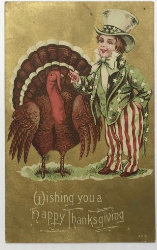 Vintage “wishing You Happy Thanksgiving” Uncle Sam And Turkey Patriotic Postcard