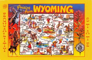 Greetings From Wyoming Illustrated Landmark Roadmap Vintage Postcard H03