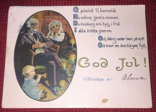 Vintage Swedish Mini Postcard Grandparents Little Girl Bugle Christmas God Jul