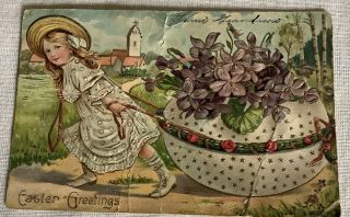 Vintage Easter Postcard Girl Dragging Egg With Violets Udb