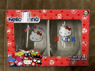Set Of 2 Sanrio Hello Kitty Stemless Glass Wine Drinking Glasses