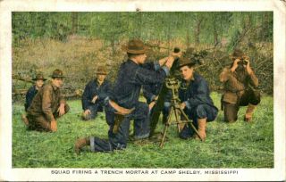 Vintage Wwii Postcard Camp Shelby Ms " Firing A Trench Mortar " Soldier 