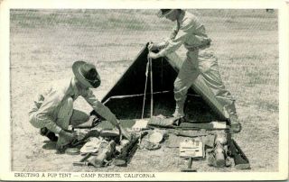 Vintage Wwii Postcard Camp Roberts California " Erecting A Pup Tent " Soldiers
