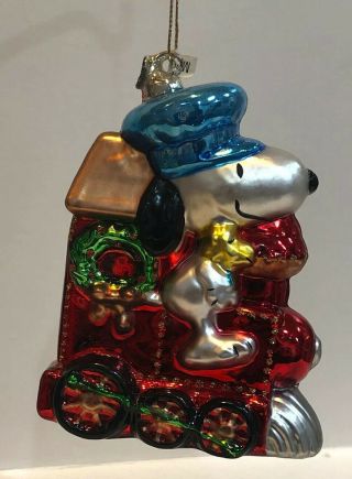 Kurt S Adler Peanuts " Snoopy On Train " Christmas Glass Ornament -