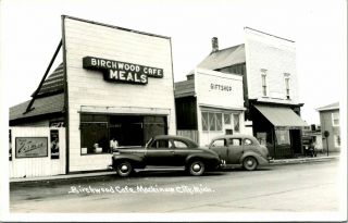 Vintage Rppc Postcard Mackinaw City Michigan " Birchwood Cafe " Classic Cars