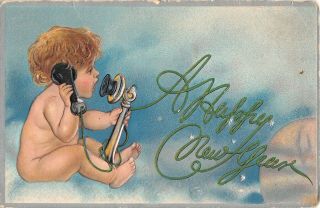Cute Naked Baby Talking On Vintage Candlestick Telephone - 1909 Year Postcard