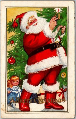 Vintage Christmas Postcard Santa Claus Red Suit,  Lighting Candle On Xmas Tree