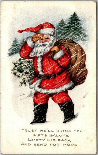 Vintage 1917 Whitney Christmas Postcard Santa Claus Walking In Snow Bag Of Toys