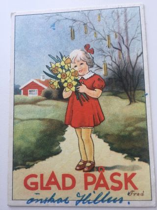 Vintage Easter Mini Swedish Postcard Girl Daffodils Flowers Glad Pask Sweden