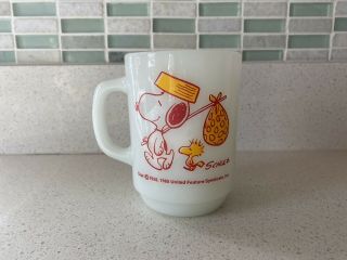 Vtg Snoopy Come Home Anchor Hocking Coffee Mug Cup Peanuts Woodstock Nap Sack