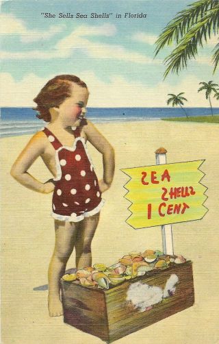 Vintage Florida Linen Postcard She Sells Sea Shells Little Girl Beach Crate