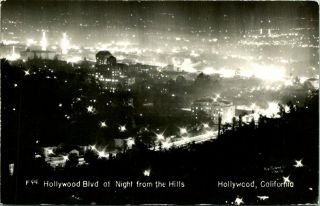 Vintage Postcard Hollywood California " Blvd.  At Night From The Hills "